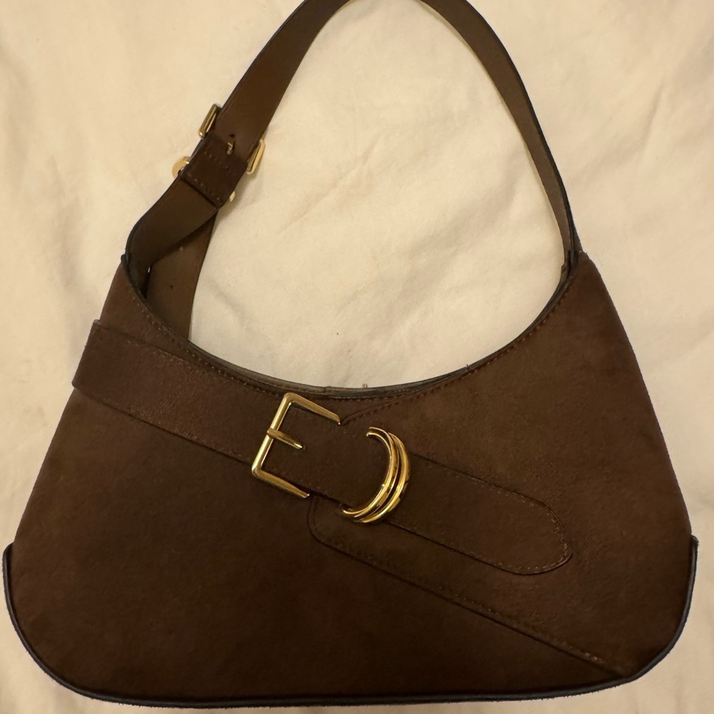 H&M Brown Suede Shoulder Bag with Gold Buckle Detail